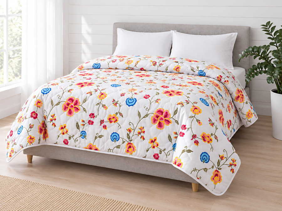 Double blanket 172x205 Ecotton anti-allergenic cotton white with flowers 20-0256 Blue
