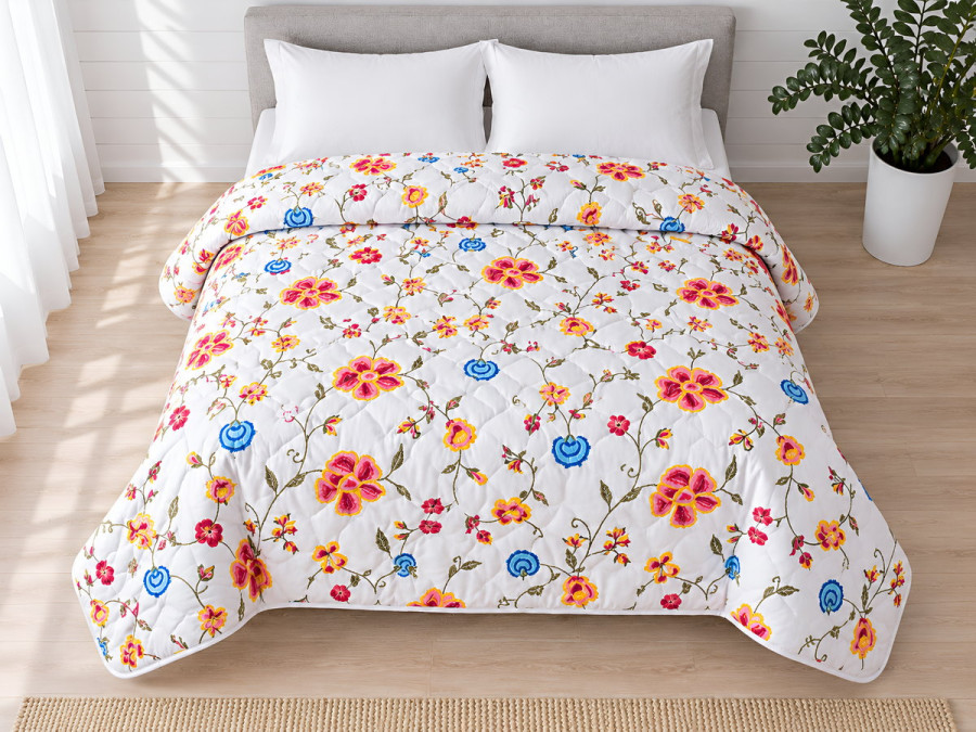 Double blanket 172x205 Ecotton anti-allergenic cotton white with flowers 20-0256 Blue