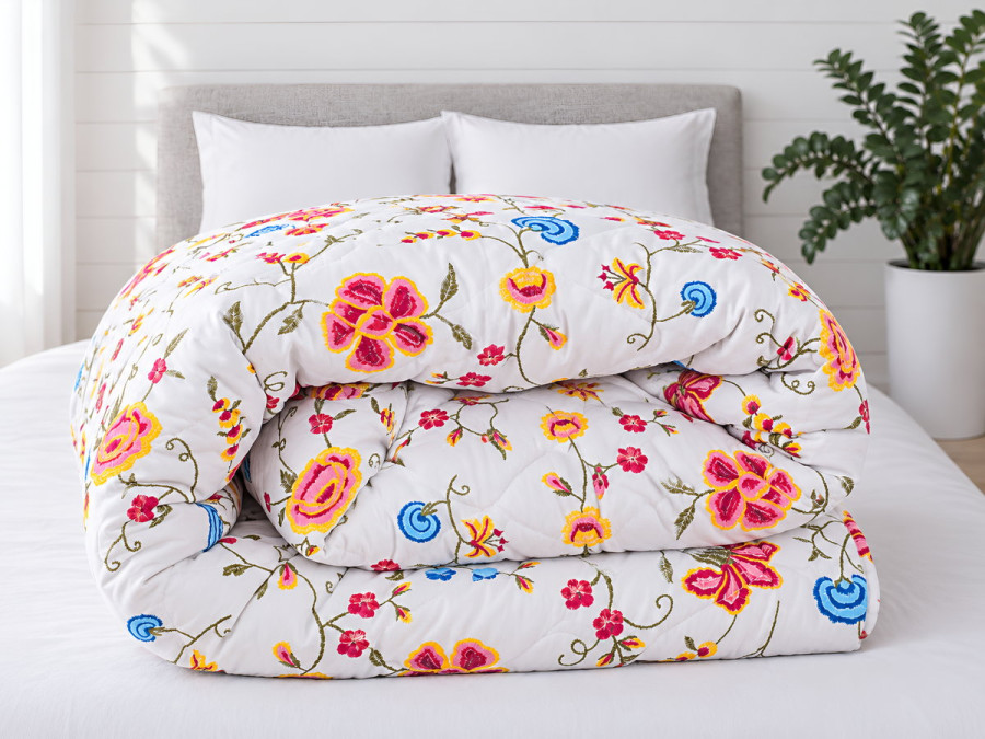 Double blanket 172x205 Ecotton anti-allergenic cotton white with flowers 20-0256 Blue