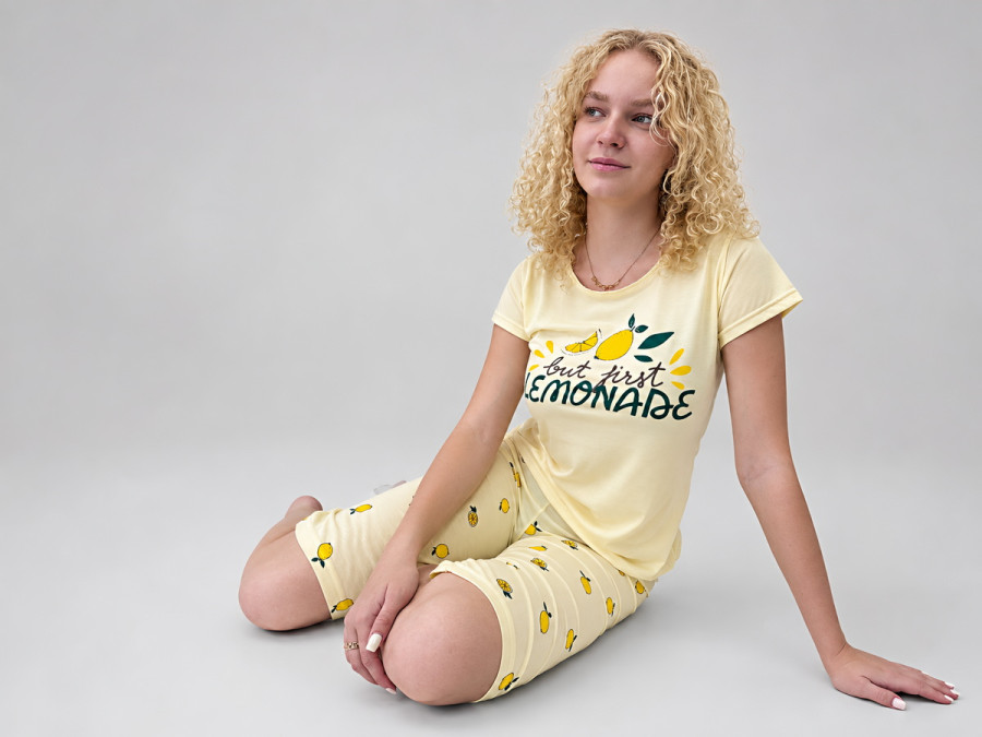 Women's cotton pajamas (T-shirt and breeches), size XL, lemon (Lemon) (7052)