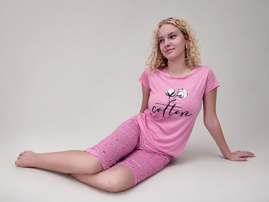 Women's cotton pajamas (T-shirt and breeches), size L, pink (7060)