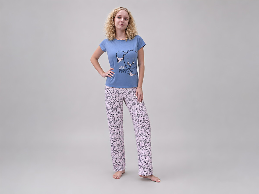Women's cotton pajamas (T-shirt and pants), size XL, light blue (7105)