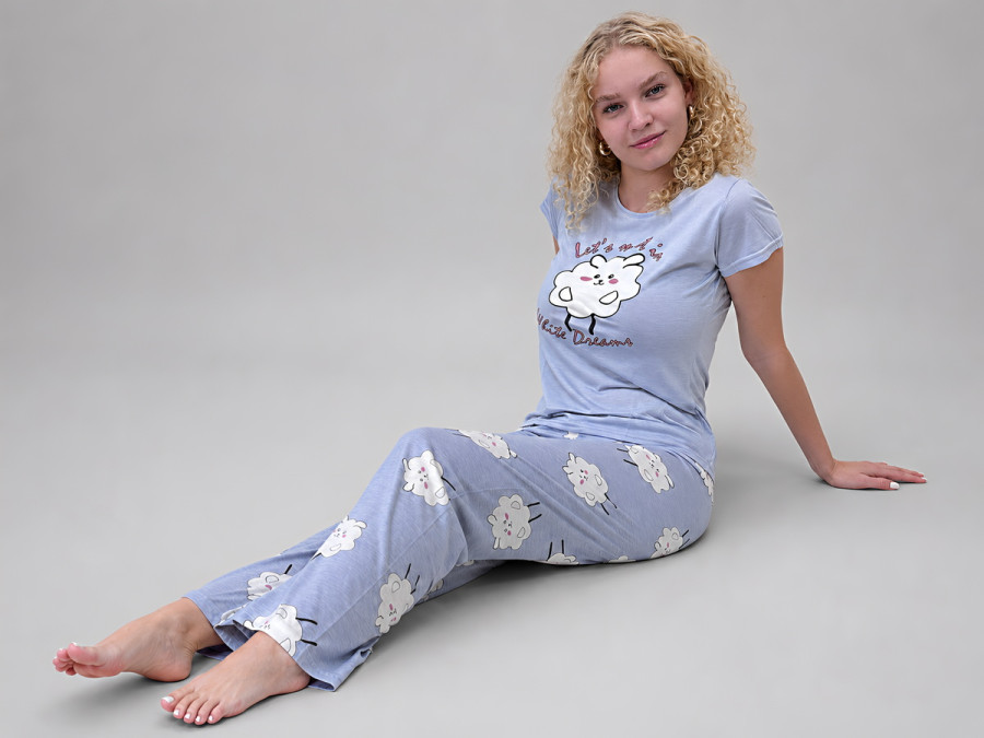 Women's cotton pajamas (T-shirt and pants), size M, light blue with Lamby print (7117)