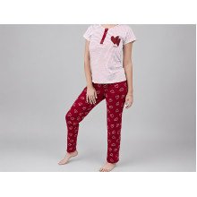 Women's cotton pajamas (T-shirt and pants), size M, red with Hearts print (34143)