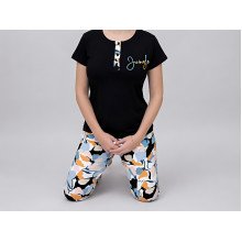 Women's cotton pajamas (T-shirt and pants), size XL, black with Abstraction print (34298)