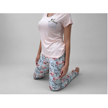 Women's cotton pajamas (T-shirt and pants), size L, pink with Flowers print (5523)