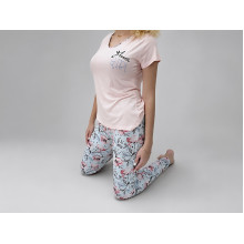 Women's cotton pajamas (T-shirt and pants), size L, pink with Flowers print (5523)