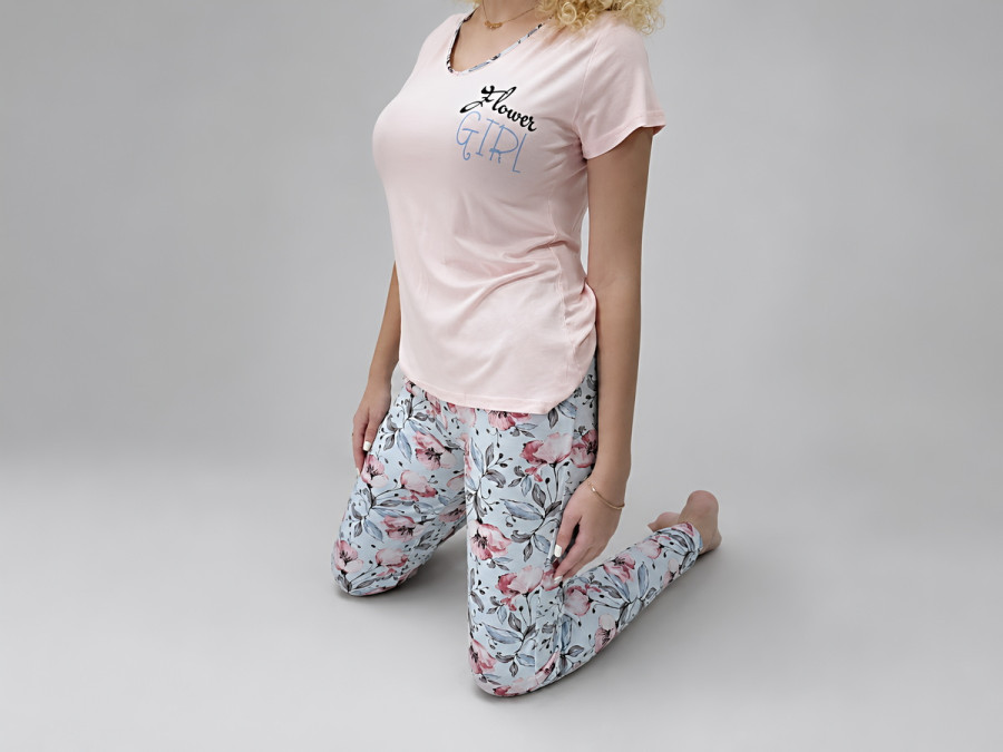 Women's cotton pajamas (T-shirt and pants), size L, pink with Flowers print (5523)