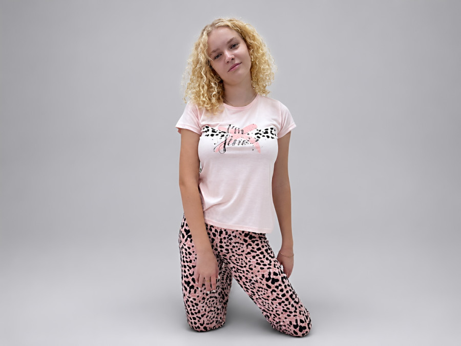 Піжама жіноча бавовняна футболка та штани розміру XL рожевий з принтом Leopard (7111)
