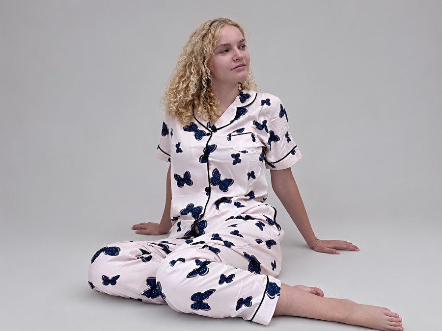 Women's cotton pajamas (shirt and pants), size L, pink with butterflies print (14310)