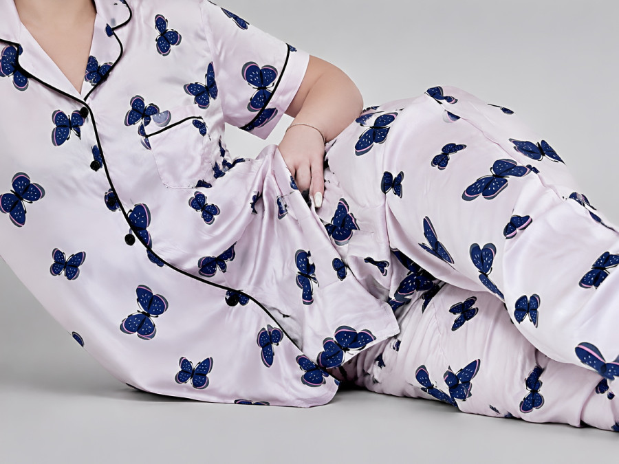 Women's cotton pajamas (shirt and pants), size L, pink with butterflies print (14310)