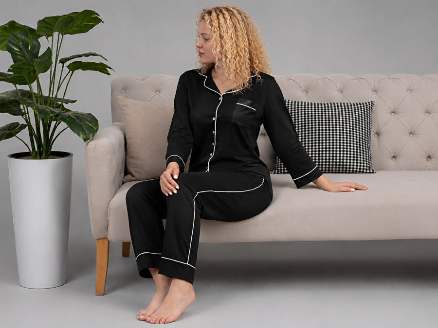 Women's pajamas cotton shirt with cuffs and pants L black