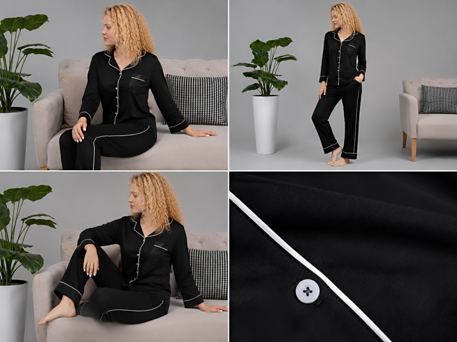 Women's pajamas cotton shirt with cuffs and pants L black