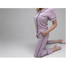Women's cotton pajamas with piping, shirt and pants L, lilac color (4185)