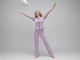 Women's cotton pajamas with piping, shirt and pants XXL, lilac color (4185)
