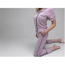 Women's cotton pajamas with piping, shirt and pants L, lilac color (4185)