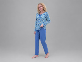 Women's pajamas, knitted shirt and pants, size XXXL, flower, blue