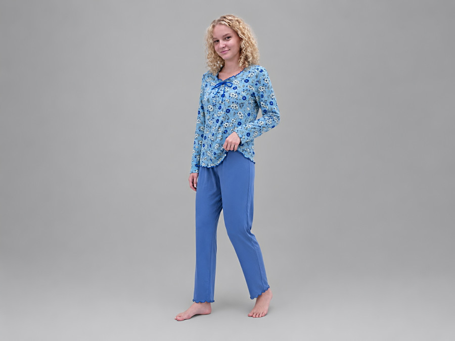 Піжама жіноча трикотажна сорочка та штани розміру M квітка блакитний