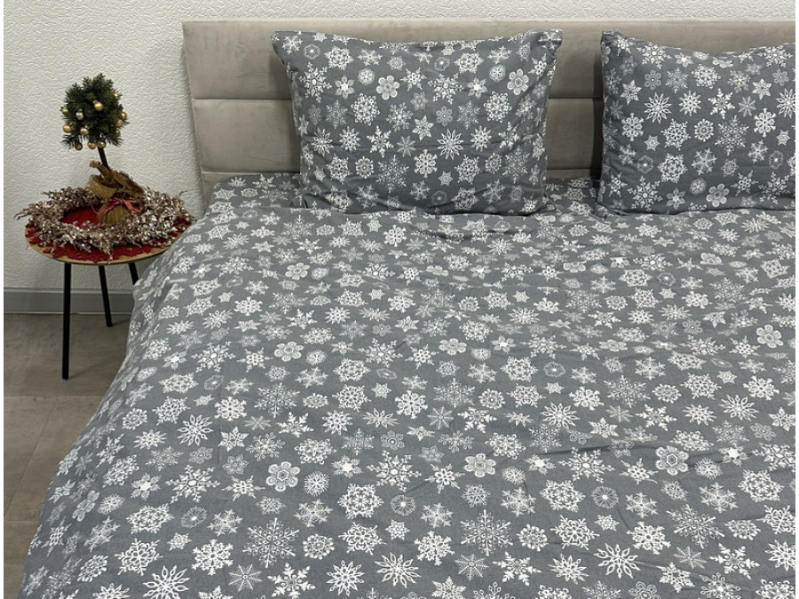 Постільна білизна Ecotton Фланель Двоспальний комплект Сніжинка на сірому 15501