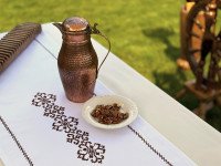 Table runner made of water-repellent fabric 45x170 DUCK White with brown embroidery