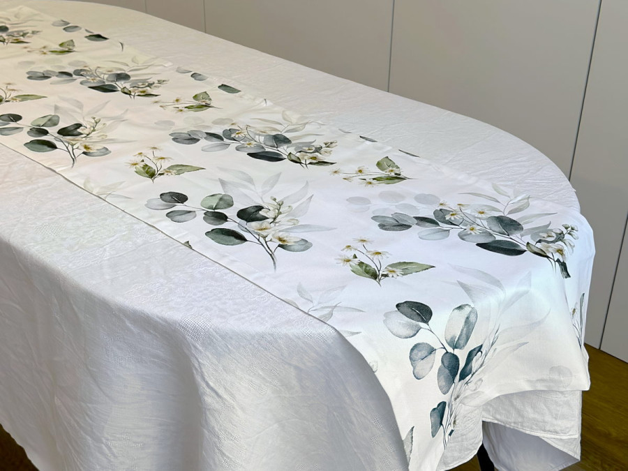 Table runner made of water-repellent fabric 45x170 DUCK white with eucalyptus 2102/1