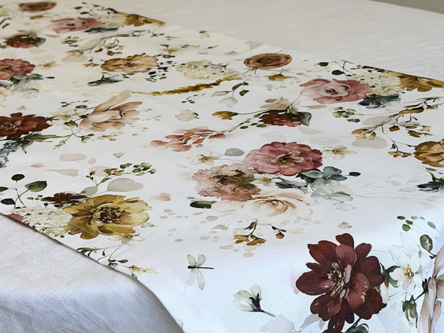 Table runner made from water-repellent fabric, 45x170, DUCK, grey with flowers, 7195-1