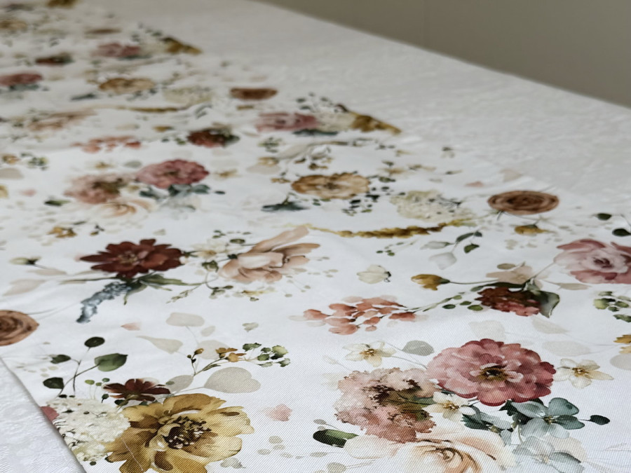 Table runner made from water-repellent fabric, 45x170, DUCK, grey with flowers, 7195-1