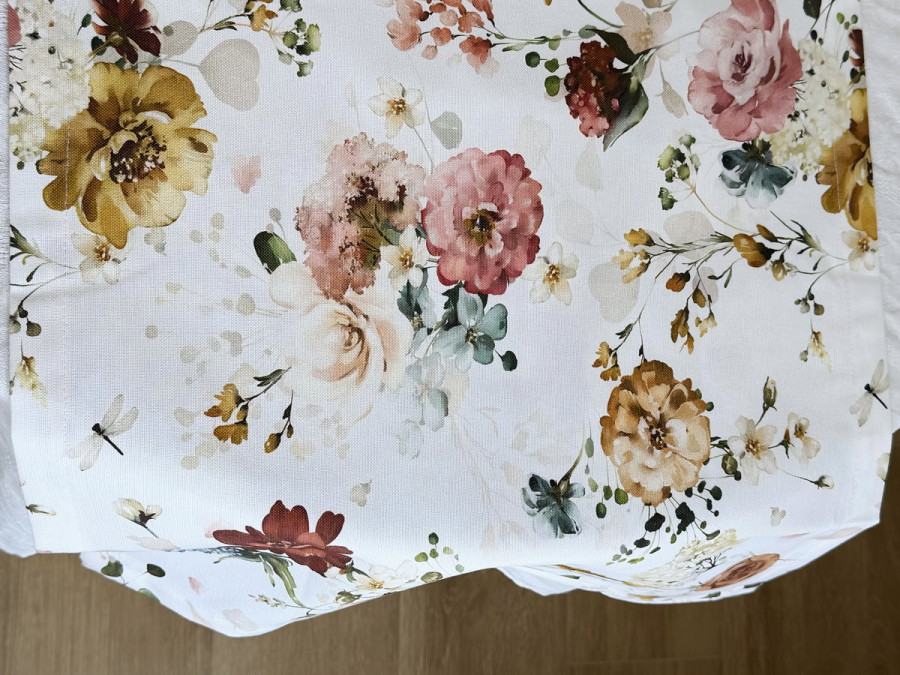 Table runner made from water-repellent fabric, 45x170, DUCK, grey with flowers, 7195-1