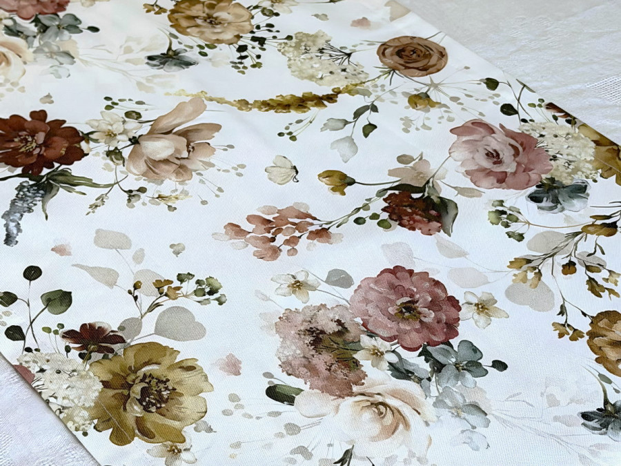 Table runner made from water-repellent fabric, 45x170, DUCK, grey with flowers, 7195-1