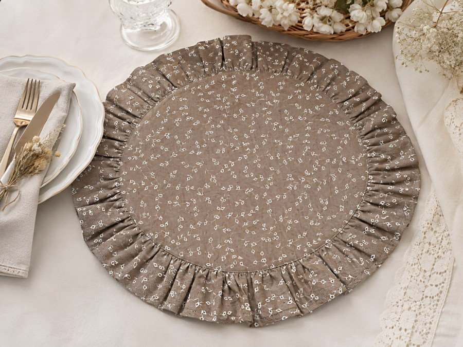 Серветка з рюшами кругла Діаметром 43 см плейсмат кремовий з квітами V-10 khave