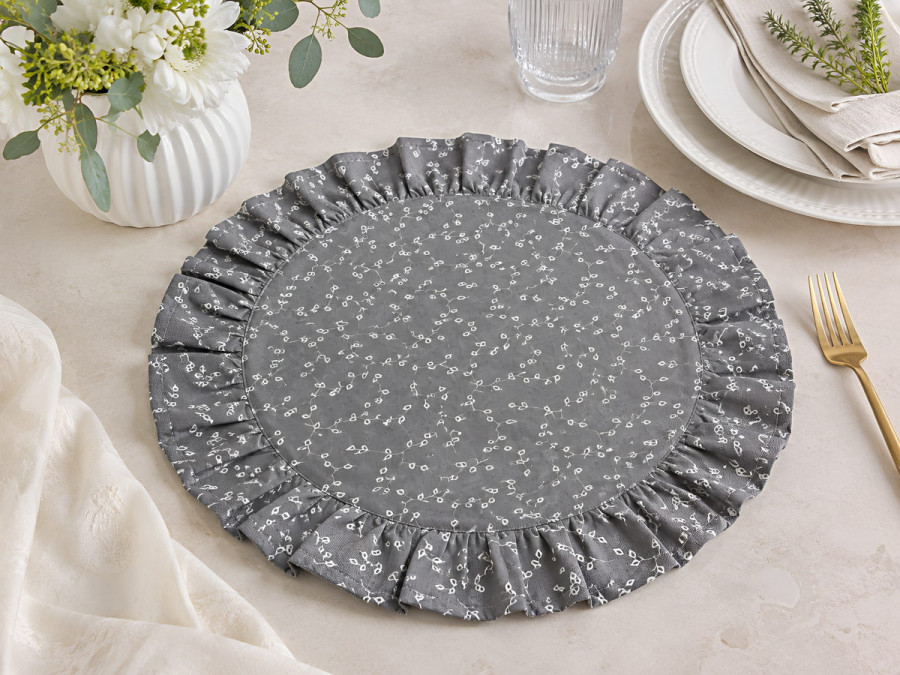 Round napkin with ruffles Diameter 43 cm Placemat gray with flowers V-11 grey