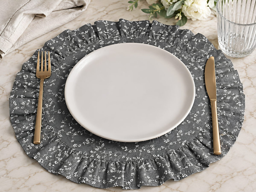 Round napkin with ruffles Diameter 43 cm Placemat gray with flowers V-11 grey