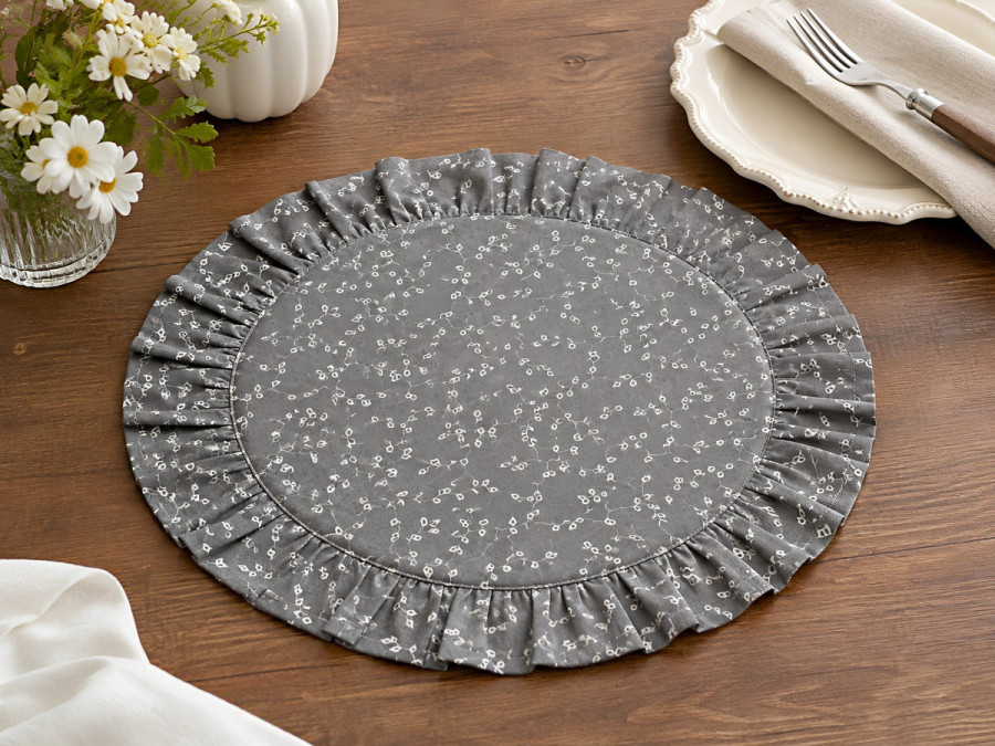 Round napkin with ruffles Diameter 43 cm Placemat gray with flowers V-11 grey