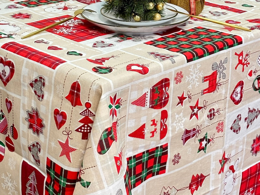 Скатерть 150x220 Ecotton Рогожка Новогодний пэчворк